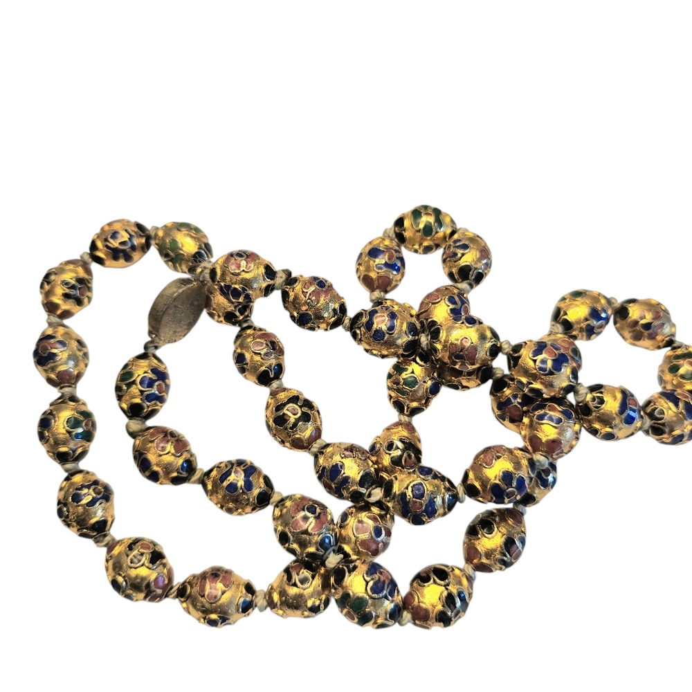 VTG floral Cloisonne Beaded necklace gold tone enameled Knotted